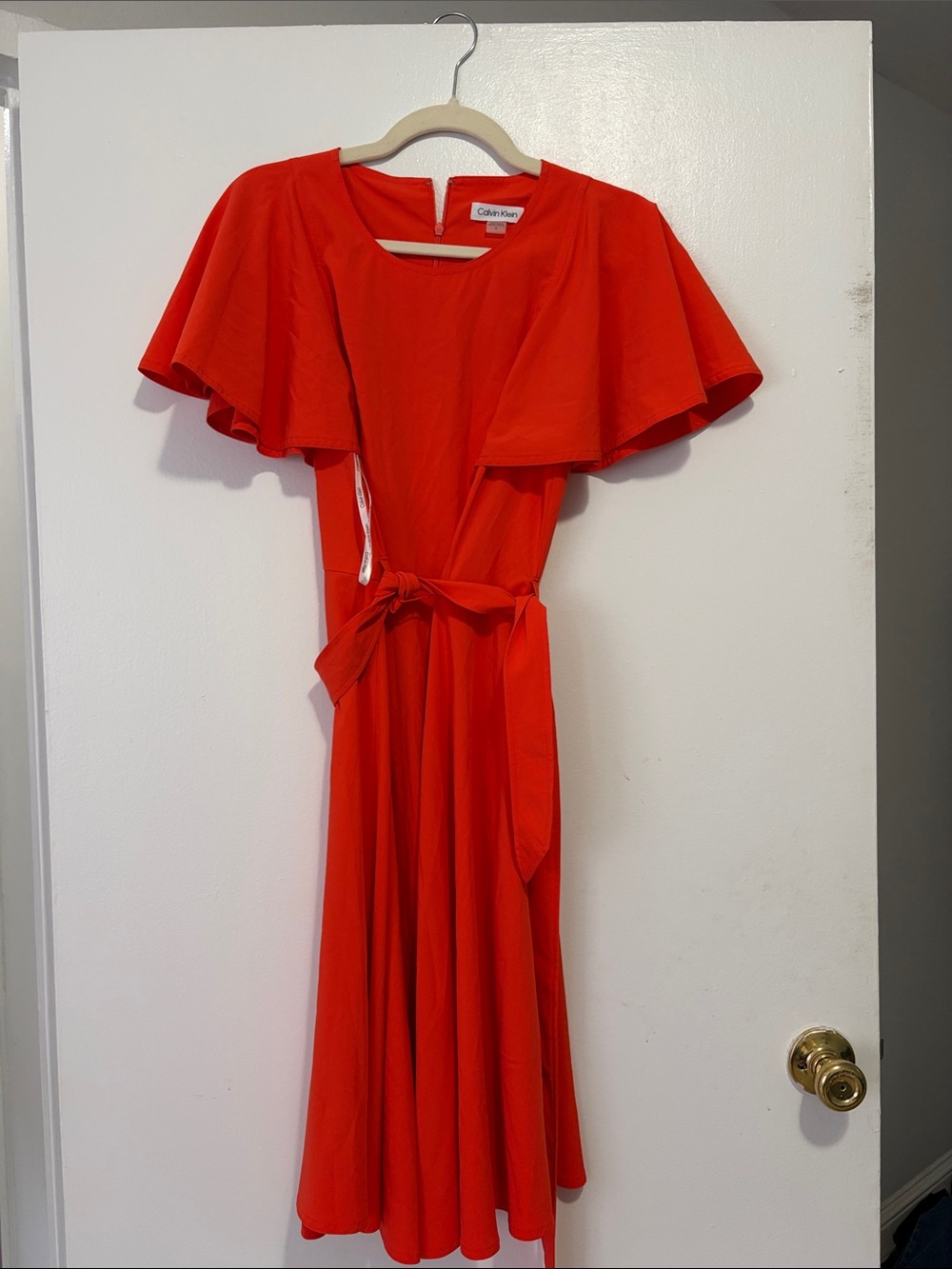 Calvin Klein Orange-Red Flutter Sleeve Midi Dress with Tie Waist